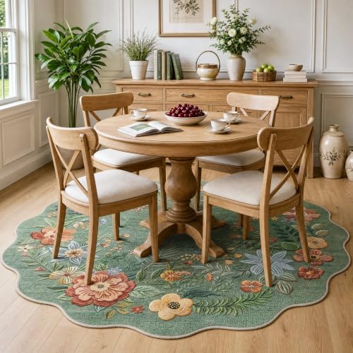 FMFUNCTEX 5ft Round Washable Sage Green Scalloped Area Rug for Living Room - Image 3