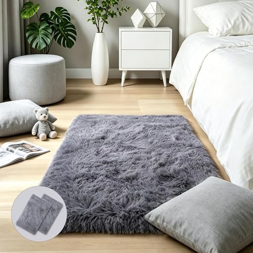 KICHOWUA Grey Fluffy Shag Rug 2x3, 2 Pcs Soft Plush Fuzzy Washable Non Slip by KICHOWUA