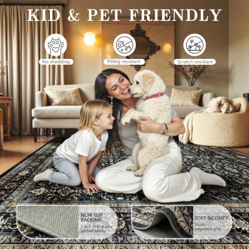 6x9 Area Rugs - Washable Vintage Retro Living Room Rug, Soft Ultra Thin Non Slip Low Pile Traditional Distressed Boho Carpet for Bedroom Dining Room Nursery Home Office, Black & Gold - Image 5