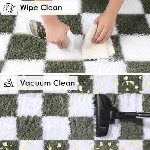 KICMOR Area Rug 5x7 for Living Room, Soft Fluffy Olive Green and White Checkered Shag Rugs Shaggy Fuzzy Carpet for Bedroom, Indoor Furry Plush Floor Rug for Kids Boys Girls Dorm Nursery Home Decor - Image 4