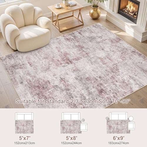 UERMEI 6x9 Washable Area Rug - Neutral Modern Abstract Living Room Rugs, Non-Slip Soft Large Indoor Floor Carpet for Bedroom Home Office & Under Dining Table Decor, Pink Grey - Image 4