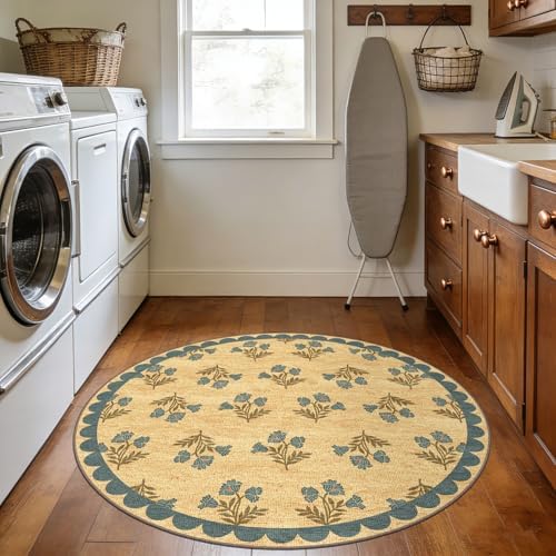 3ft Entryway Round Rug - 3x3 Small Blue Floral Circle Bathroom Rug - Image 5