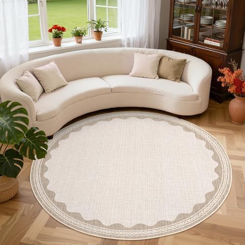 GarveeHome Scalloped Beige 6ft Round Rug Washable Non-Slip Soft Ultra-Thin Small Circle Modern Cottage Core Solid Carpet for Entryway Kitchen Bedroom Nursery Dining Room by GarveeHome