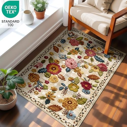Washable 2x3 Small Area Rug, Beige Boho Floral Non-Slip Entryway Door Mat - Image 3