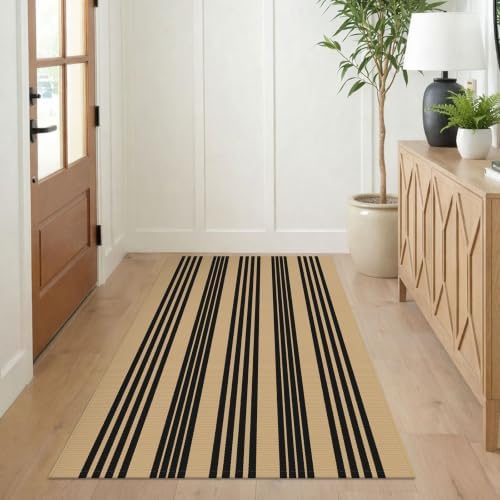 KILOCOCO Striped Rug 3x5 ft Washable Woven Front Door Rug, Brown and Black - Image 4