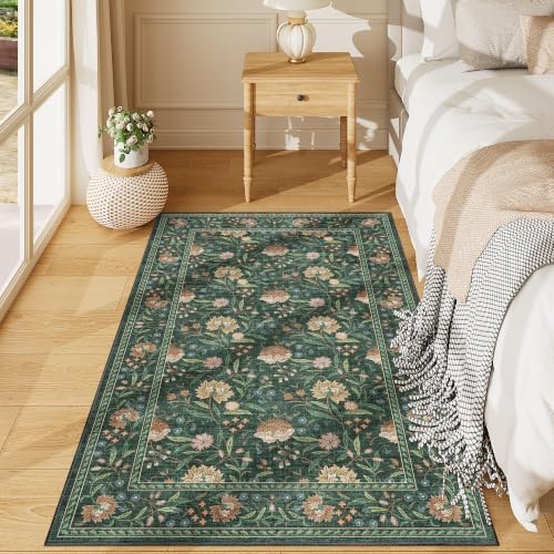 DUKINO 3x5 Rug, Washable Vintage Floral Bedroom Area Rug Non Slip, Green by DUKINO