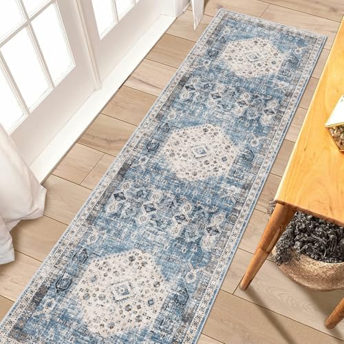 RUUGME Washable Runner Rug 2x7 - Vintage Kitchen Area Rug Stain Resistant Rugs for Living Room Bedroom Laundry Room Mat Distressed Rug Hallway Floor Carpet Runner for Bathroom 2'x7' Aqua Blue by RUUGME