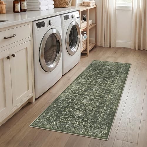 2x5 Washable Kitchen Runner Rug Non-Slip Boho Dark Green Throw Carpet - Image 3