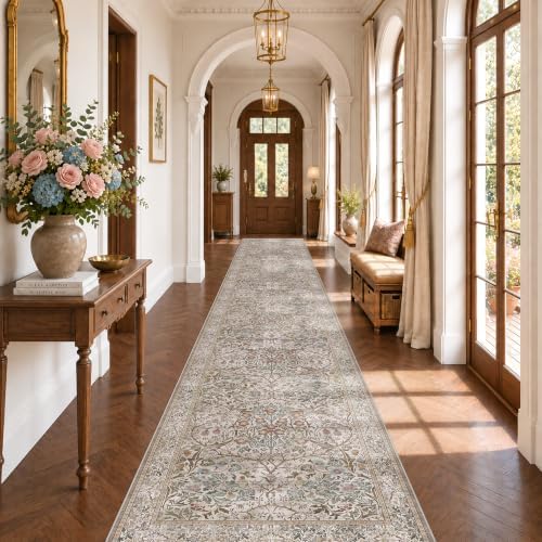 Vintage Moss Green 3x20 Extra Long Runner Rug for Hallway, Washable Large Kitchen Indoor Floor Rugs, Non-Slip Stain & Fade Resistant, Low Pile Vintage Floral Carpet Decor by HazoHaus