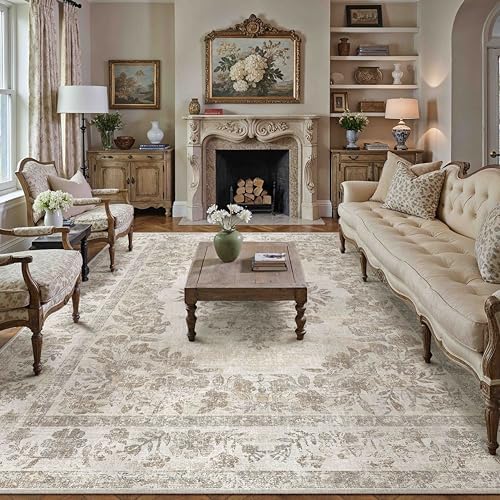 PureCozy 7x9 Washable Area Rug Living Room Cream Beige Vintage Large Carpet - Image 3