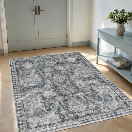 RUGSURE Washable Area Rugs - Perfect for Living Room, Bedroom, Kids Room, Nursery - Stain & Water Resistant Non-Slip, Pet & Child Friendly, Vintage Tribal Area Rugs (Grey and Blue, 3' x 5 ') - Image 3