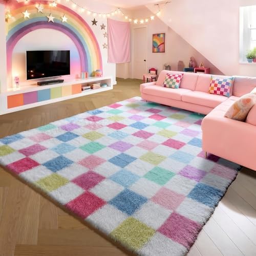 KICMOR Checkered Rug 8x10 for Living Room, Rainbow Colorful Fluffy Soft Large Area Rug Fuzzy Shag Shaggy Bedroom Carpet, Cute Indoor Plush Rugs for Kids Girls Boys Dorm Nursery Home Decor Aesthetic - Image 5