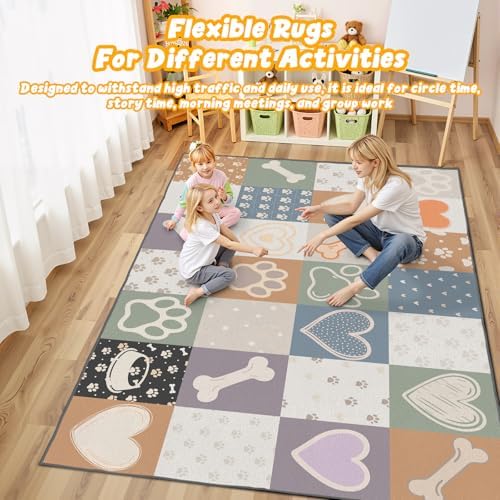 Farmhouse Paw Print Patchwork Area Rug 8x10, Washable & Non-Slip - Image 2