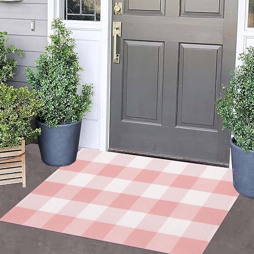 Pink White Buffalo Plaid Layered Doormat 24"x35" Cotton Washable Door Mat - Image 5