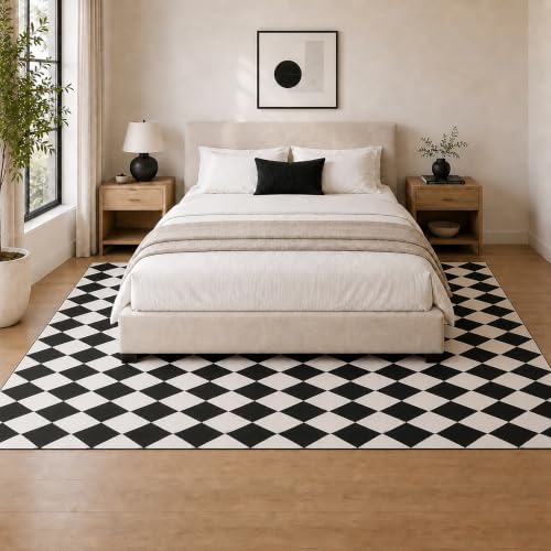 5x7 Checkered Rug for Living Room, soft Low Pile black and white Area Rugs - Image 2
