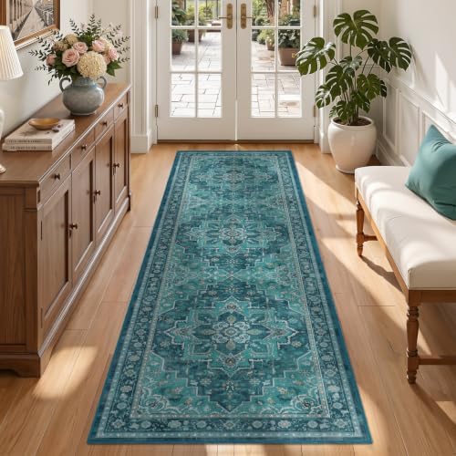 Washable Hallway Runner Rug 2'x7', Vintage Medallion, Boho Teal by Jainmy