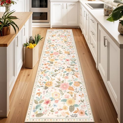 Floral Washable 2x8 Area Rugs Runner Entryway Hallway Beige/White/Orange by RELEANY