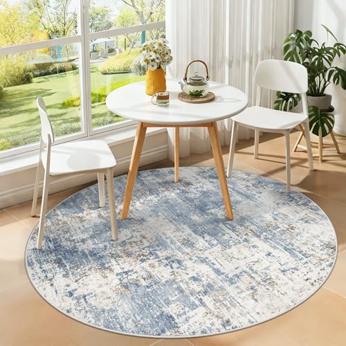 XLUEZ Round Rug 4ft for Bedroom, Washable Modern Abstract Circle Rug Neutral Soft Non Slip Kids Rug Stain Resistant Indoor Carpet for Living Room Nursery Playroom Dorm Girls Boys Room(Blue, 4' Round) - Image 2