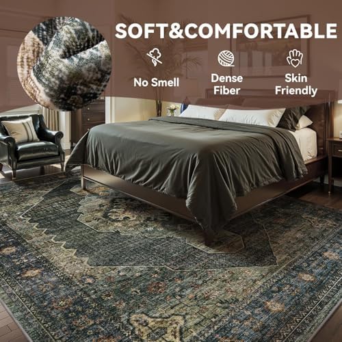 Engiw Olive Green 8x10 Area Rugs for Living Room Bedroom Rug Washable Vintage Neutral Farmhouse Rug Carpet Dining Room Rugs Office Retro Oriental Easy Clean Non Slip Large - Image 2