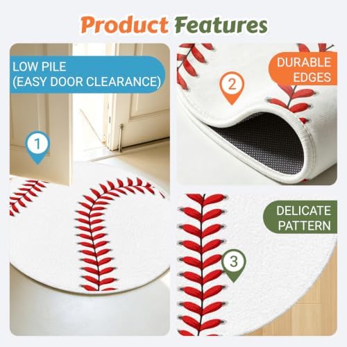 Baseball Round Kids Rug, Soft Washable Non Slip Sport Carpet for Boys Room - Image 5
