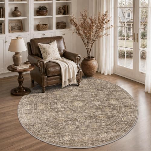 JOOJA 4x4 Tan Vintage Soft Low Pile Washable Boho Small Round Kitchen Rug by JOOJA