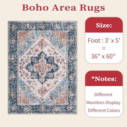 SERISSA 3x5 Washable Non Slip Boho Area Rug for Bedroom，Blue Orange - Image 2