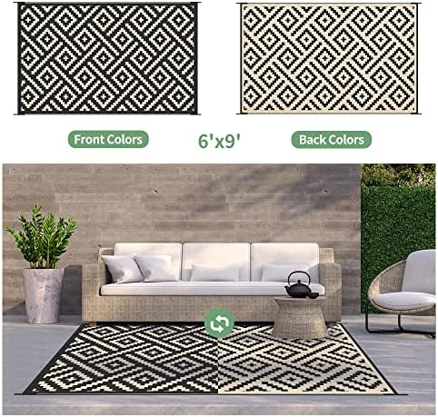 GENIMO Outdoor Rug, Waterproof Plastic Rugs for Patio, 6'x9' Black Beige - Image 4