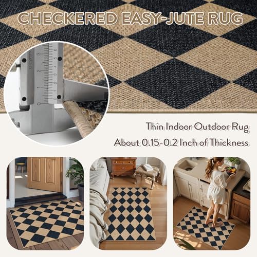 Lahome Checkered Easy Jute Non Slip Front Door Mat, 2x3 Kitchen Rug Neutral Small Throw Rug, Farmhouse Diamond Washable Non Shedding Low Pile Black Floor Carpet for Entryway Front Porch Doorway - Image 5