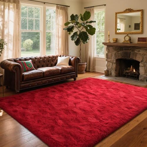 5x7 Ft Red Shag Rugs for Bedroom Living Room Decor, Ultra Soft Fluffy Furry Area Rug for Indoor Floor, Aesthetic Carpet for Home Nursery Dorm Decor by Cuzwlovita