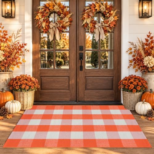 Orange and White Plaid Rug, 24'' x 51'' Fall Front Door Decor Mat, Cotton Washable Hand-Woven Door mat for Layered Doormat, Autumn Halloween Thanksgiving Carpet for Porch, Entryway - Image 2
