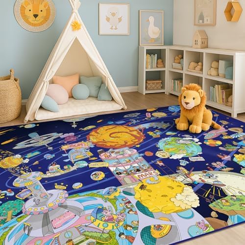 Outer Space Adventure 5x7 Kids Rug – Vibrant Galaxy Scene with Planets, Astronauts, Spaceships & Fun Details – Perfect Playroom or Bedroom Carpet for Learning & Imagination by HazoHaus