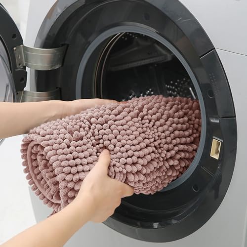 ACCUMTEK Striped Dusty Pink Bathroom Rug Mat Set 2 piece 32"x20"+60"x20" Ultra Soft, Non Slip Chenille Bath Rugs, Absorbent Plush Shaggy Bath Mats for Bathroom, Bedroom, Kitchen, Shower, Tub - Image 6