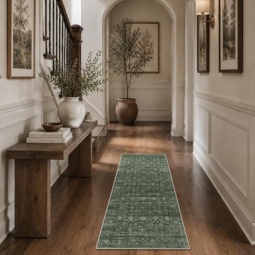 JOOJA 2x5 Dark Olive Green Vintage Soft Low Pile Moody Washable Runner Rug by JOOJA
