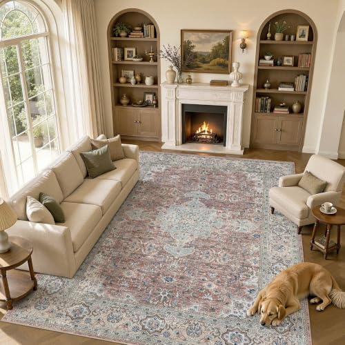 UERMEI 10x14 Area Rug for Living Room Washable Vintage Pink Brown Carpet by UERMEI