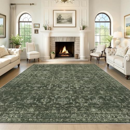 7x10 Washable Living Room Area Rug Soft Retro Dark Green Large Carpet - Image 4