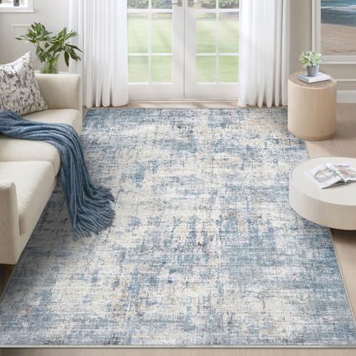 Washable 4'x6' Abstract Area Rug for Bedroom Living Room Blue White by Unknown