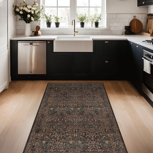 Washable 3x6 Runner Rug for Entryway, Dark Brown Boho Large Kitchen Rug, Home Office Floor Rug, Non-Slip Stain & Fade Resistant, Vintage Dark Taupe Floral Entryway Décor - Image 3