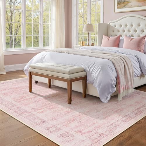 Pink Rug 5x8 for Bedroom Girls, Washable Non Slip Nursery Kids Room Rug Dorm, Aesthetic Distressed Area Rugs for Living Room, Low Pile Thin Carpet Rug for Playroom Dining Room Home Office by Jainmy