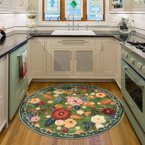 Washable 4ft Round Area Rug, Green Boho Floral Non-Slip for Bedroom Kitchen by GERUIMO