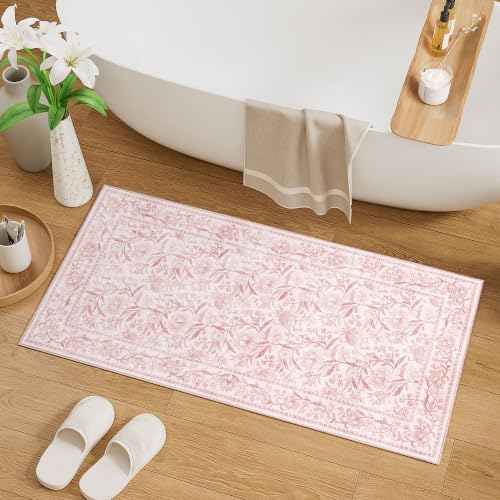 DUKINO 2x4 Rug, Washable Vintage Floral Entryway Rug Non Slip, Light Pink - Image 3