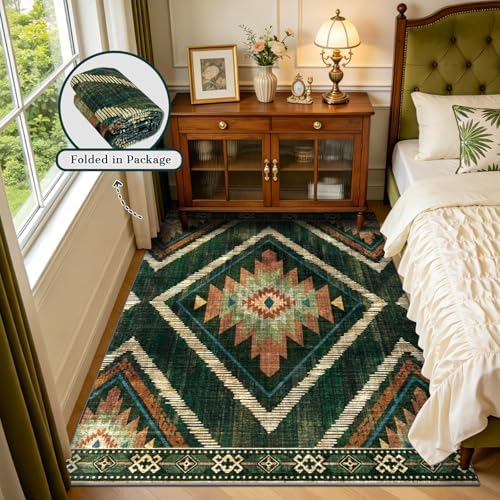 4x6Ft Boho Area Rugs Non Slip, Green Washable Rug for Living Room, Soft Bedroom Carpet, Low Pile Moroccan Entryway Area Floor Carpets for Dining Room Kids Nursery Farmhouse - Image 4