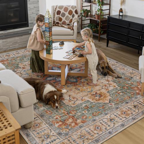 Area Rug 8x10 Vintage Rug: Large Washable Indoor Medallion Rugs Low Pile Distressed Floor Carpet Retro Accent Rug for Living Room Bedroom Kitchen Dining Table Home Office(Green/Yellow, 8'x10') - Image 5
