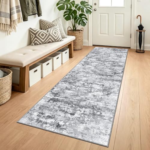 Abstract Washable Runner Rug 2x6, Hallway Rug Non-Slip,Woven Non-Shedding Thin Runners for Entryway, Kitchen, Laundry Room, Gray by TTelephant