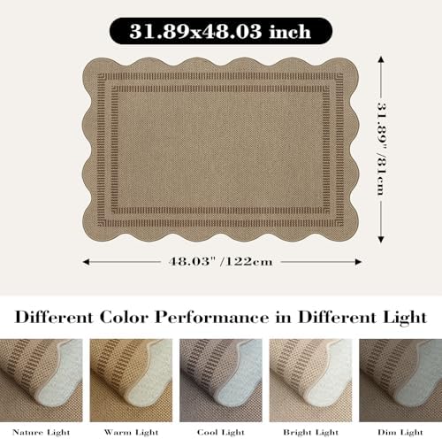 Easy Jute Front Door Mat, 2.6x4 Washable Entryway Rug Non Slip Small Kitchen Rug, Farmhouse Low Pile Floor Scalloped Rugs for Bathroom Porch Doorway - Image 2