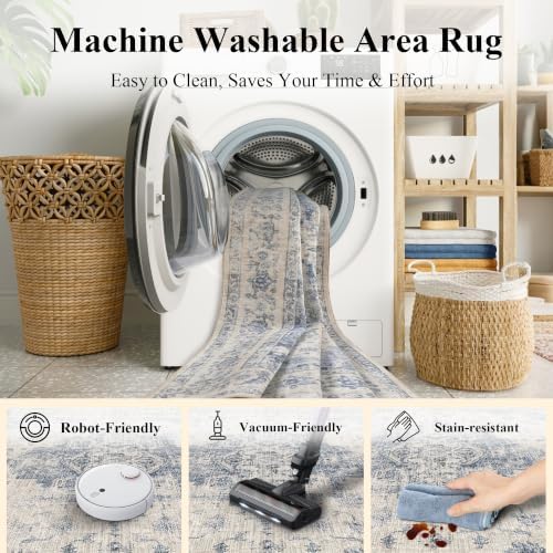 Washable 9x12 Bedroom Area Rug Soft Medallion Retro Blue Large Carpet - Image 5