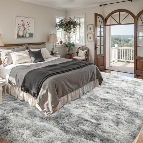 9x12 ft Rug for Living Room Fluffy Grey White Shag Rug Non-Slip Area Rugs Carpet for Bedroom Nursery Kids PlayRoom Dorm Office Indoor Modern Plush Carpets - Image 3