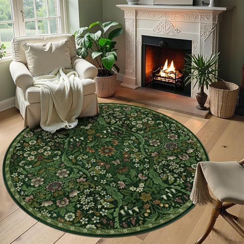 Round Rug 6ft Floral Circle Rug Green Botanical Indoor Area Rug by NakedCloud