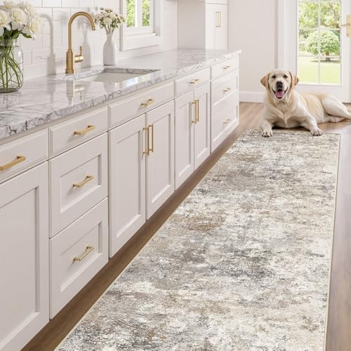 UERMEI 3x12 Washable Runner Rug for Hallway, Non Slip Low Pile Kitchen Carpet, Neutral Modern Abstract Indoor Floor Mat for Entryway Laundry, Kid & Pet Safe High Traffic Area, Brown Grey - Image 2