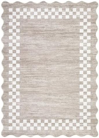 Small Area Rug 2x3 Modern Checkered Entry Rug Solid Color Scalloped Kitchen Rugs Washable Bedroom Doormat Non Slip Stain Resistant Bordered Throw Carpet for Living Room Nursery Laundry, Fog - Image 4