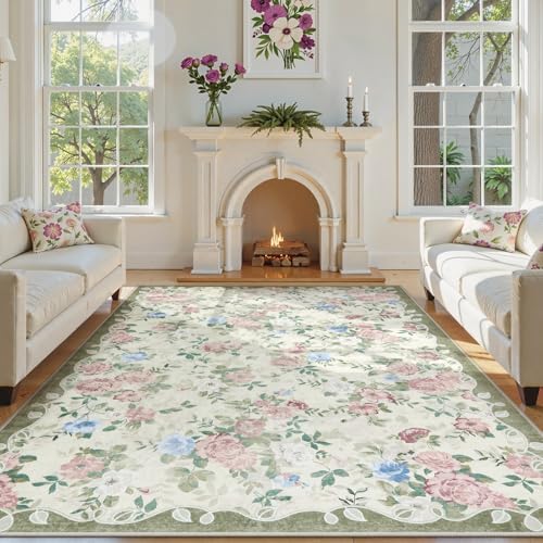 Lahome Cream and Green Vintage Floral 8x10 Rug for Living Room by Lahome